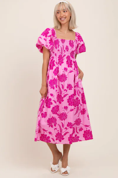 PinkBlush Pink Floral Smocked Puff Sleeve Midi Dress