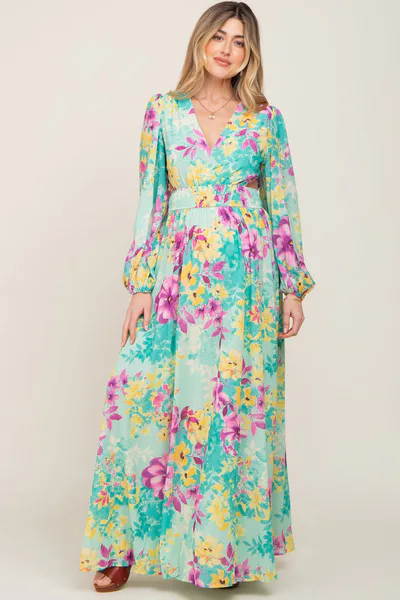 PinkBlush Turquoise Floral Side Cutout Maternity Maxi Dress