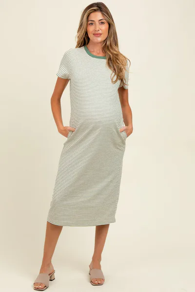 PinkBlush Olive Striped Short Sleeve Maternity Midi T-Shirt Dress