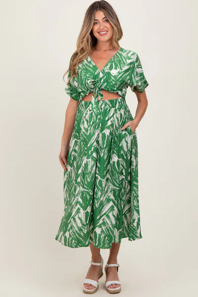 PinkBlush Green Brushstroke Print Cutout Maternity Midi Dress