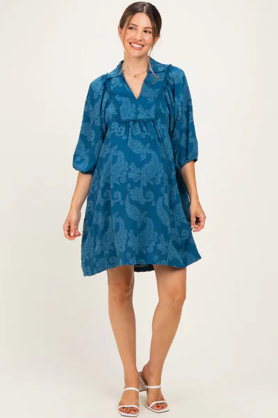 PinkBlush Blue Paisley Puff Sleeve Maternity Dress