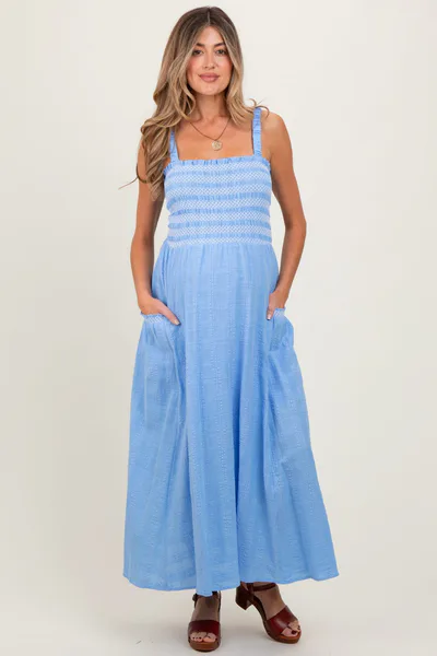 PinkBlush Blue Smocked Embroidered Bust Textured Maternity Midi Dress