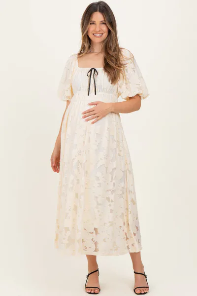 PinkBlush Cream Lace Puff Sleeve Maternity Midi Dress