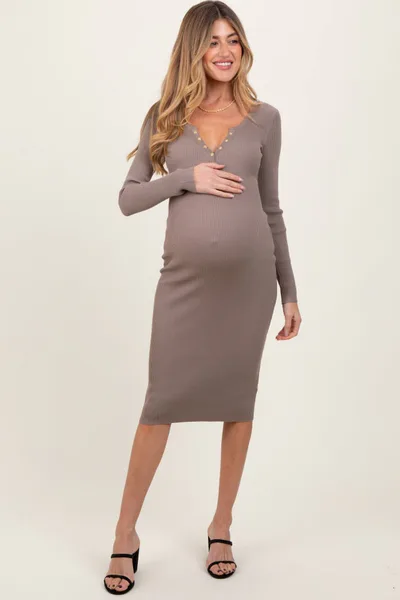 PinkBlush Taupe Ribbed Fitted Button Long Sleeve Maternity Dress