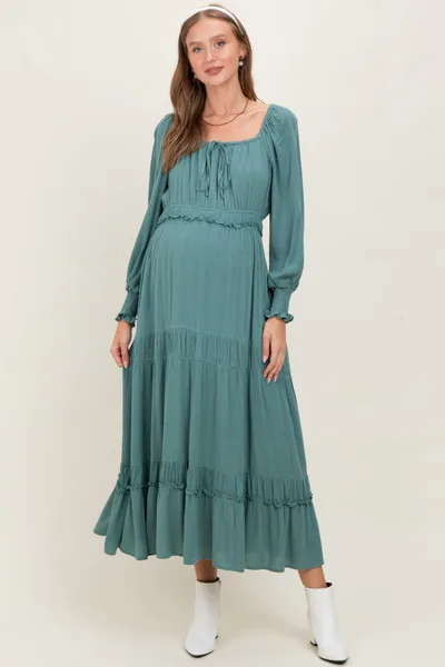 PinkBlush Teal Square Neck Long Sleeve Maternity Maxi Dress