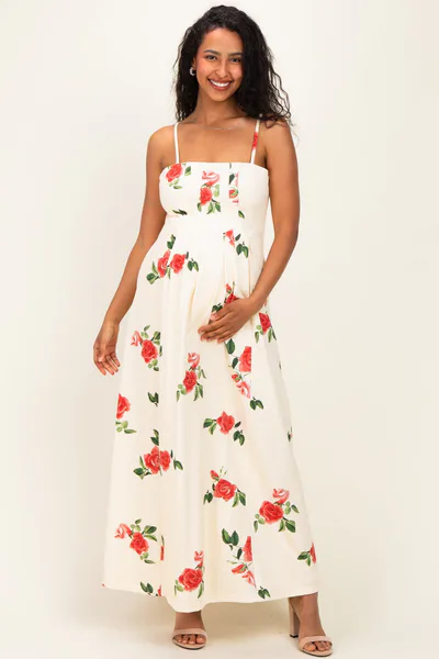 PinkBlush Cream Floral Thin Strap Maternity Midi Dress