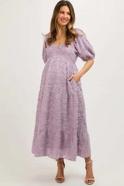 PinkBlush Lavender Fringe Textured Short Puff Sleeve Maternity Midi Dress