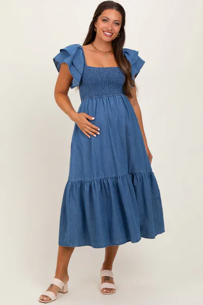 PinkBlush Blue Chambray Smocked Flutter Sleeve Maternity Dress