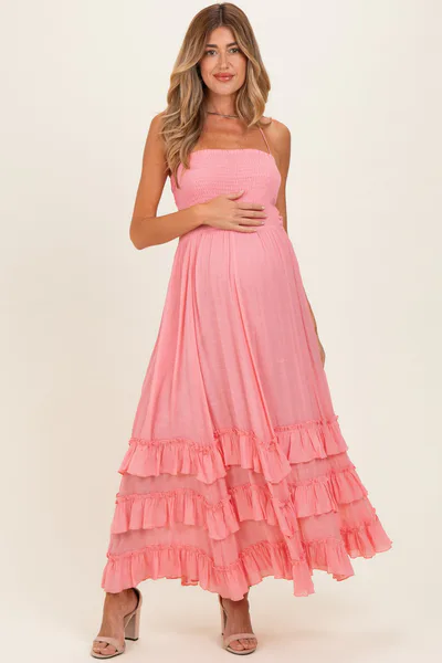 PinkBlush Pink Halter Smocked Ruffle Tier Hem Maternity Maxi Dress