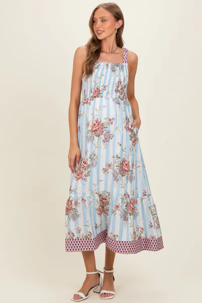 PinkBlush French Blue Floral Striped Contrast Strap Maternity Maxi Dress