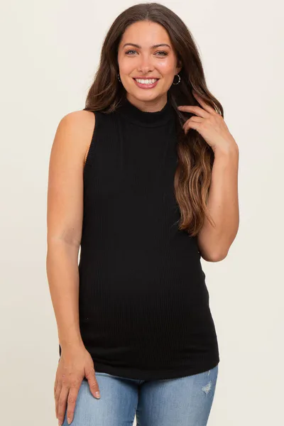 PinkBlush Black Ribbed Mock Neck Sleeveless Maternity Top