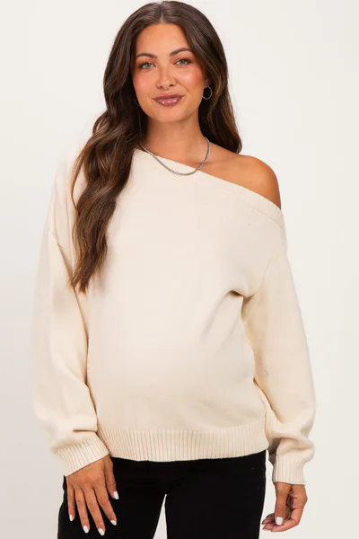 PinkBlush Cream Oversized One Shoulder Maternity Sweater