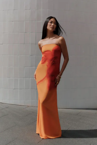 MESHKI Amaya Strapless Chiffon Maxi Dress - Koi Orchid Print