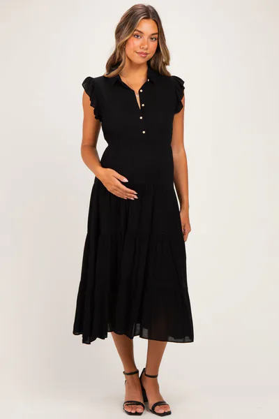 PinkBlush Black Button Up Ruffle Sleeve Tiered Maternity Maxi Dress