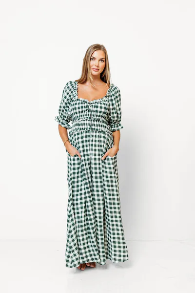 Worth Collective Sydnee Maxi Dress in Green Gingham - Bump Friendly & Inclusive Sizing *9/16 PRE-ORDER*
