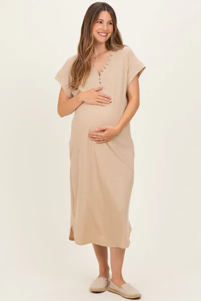 PinkBlush Camel Striped Button Detail Maternity Midi Dress