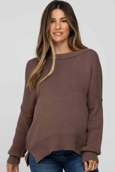 PinkBlush Brown Exposed Seam Side Slit Maternity Sweater