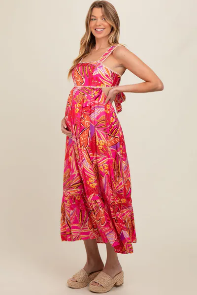 PinkBlush Fuchsia Tropical Back Tie Cutout Maternity Maxi Dress