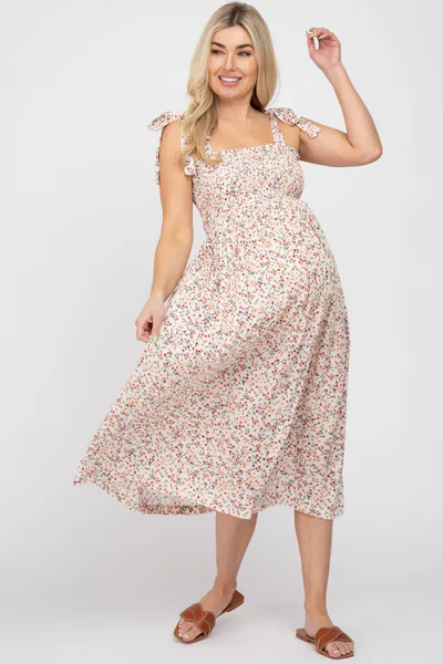 PinkBlush Cream Floral Smocked Tie Strap Maternity Midi Dress