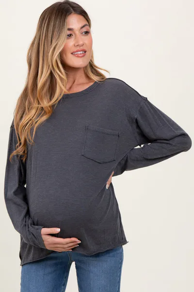 PinkBlush Charcoal Mineral Wash Front Pocket Long Sleeve Maternity Top