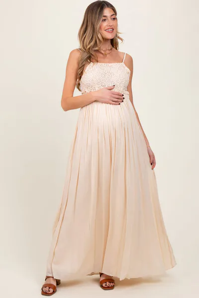 PinkBlush Beige Lace Bodice Cutout Tie Back Maternity Maxi Dress