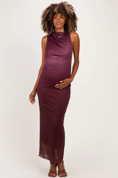 PinkBlush Burgundy Ombre Mesh Ruched Sleeveless Maternity Midi Dress