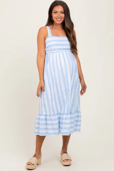 PinkBlush Light Blue Stripe Back Ribbon Tie Maternity Midi Dress