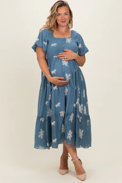 PinkBlush Dusty Blue Floral Print Ruffle Hem Maternity Plus Midi Dress