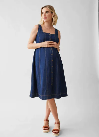 Ingrid & Isabel Sleeveless Chambray Maternity and Nursing Midi Dress