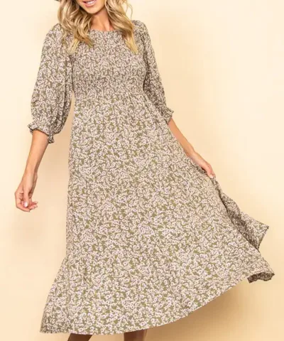 Bump City The Vanessa Plus Size Floral Smocked Mid Dress (Light Olive)