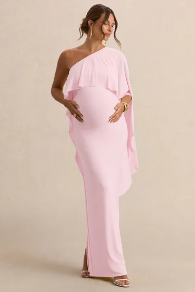 Club L London Cicely | Light Pink Asymmetric-Neck Maternity Maxi Dress With Cape Sleeve