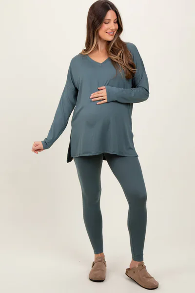 PinkBlush Light Olive Brushed Knit Maternity Oversized Top and Legging Set