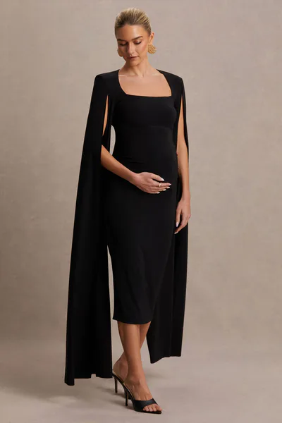 Club L London Flawless | Black Square-Neck Maternity Midi Dress With Cape-Sleeves