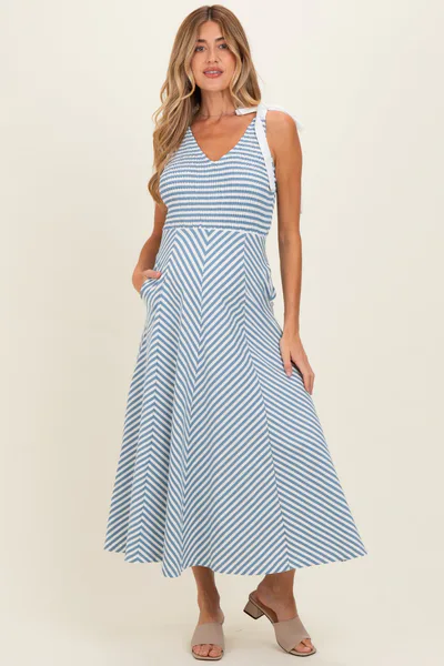 PinkBlush Light Blue Striped Smocked Shoulder Tie Maternity Midi Dress