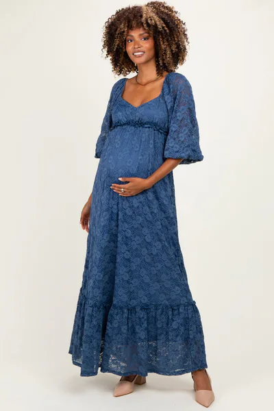 PinkBlush Blue Lace Long Sleeve Maternity Maxi Dress