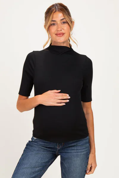 PinkBlush Black Funnel Neck Elbow Sleeve Top