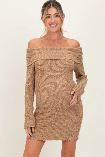 PinkBlush Mocha Off The Shoulder Knit Sweater Maternity Mini Dress
