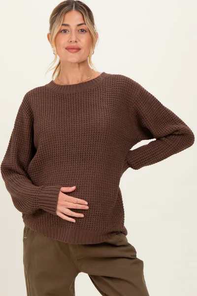 PinkBlush Dark Mocha Waffle Knit Rounded Hem Maternity Sweater