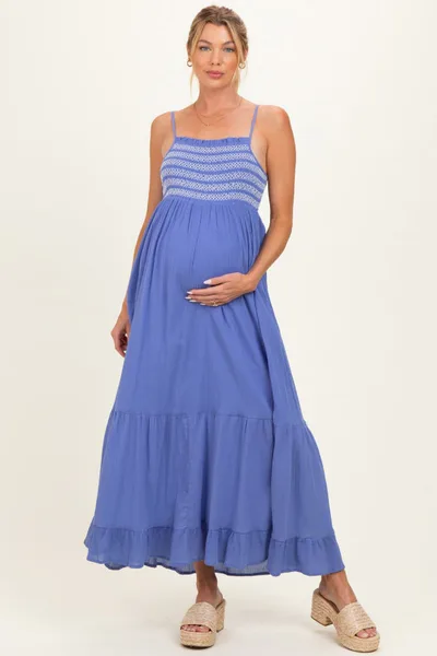 PinkBlush Capri Embroidered Smocked Maternity Maxi Dress