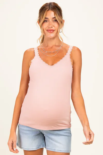 PinkBlush Blush Lace Trim Detail Ribbed Maternity Knit Tank Top