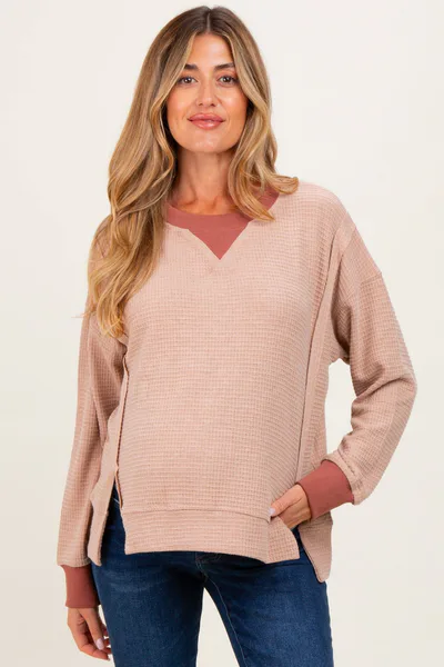 PinkBlush Mocha Oversized Contrast Trim Maternity Thermal Pullover