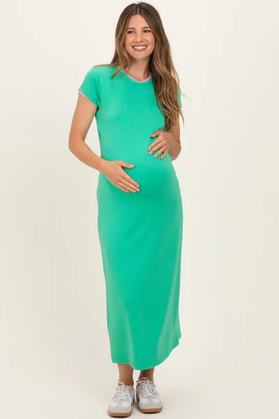 PinkBlush Green Contrast Trim Short Sleeve Maternity Midi Dress