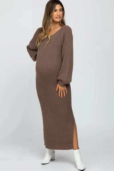 PinkBlush Taupe Side Slit Maternity Maxi Sweater Dress