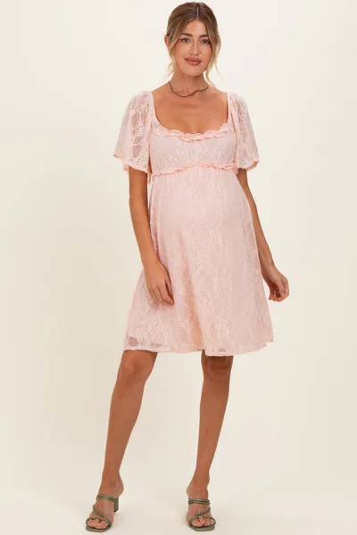 PinkBlush Peach Floral Lace Square Neck Ruffle Trim Maternity Maxi Dress