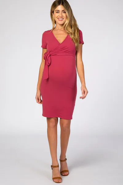 PinkBlush Red Knit Wrap Fitted Maternity/Nursing Dress