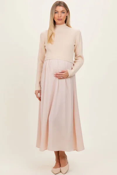 PinkBlush Light Beige Knit Contrast Top Satin Maternity Midi Dress