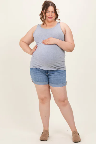 PinkBlush Blue Raw Cut Hem Cuffed Maternity Plus Jean Shorts