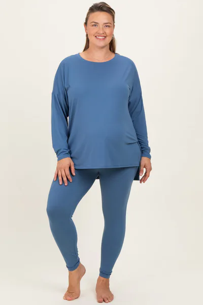 PinkBlush Blue Brushed Knit Oversized Top and Legging Maternity Plus Set