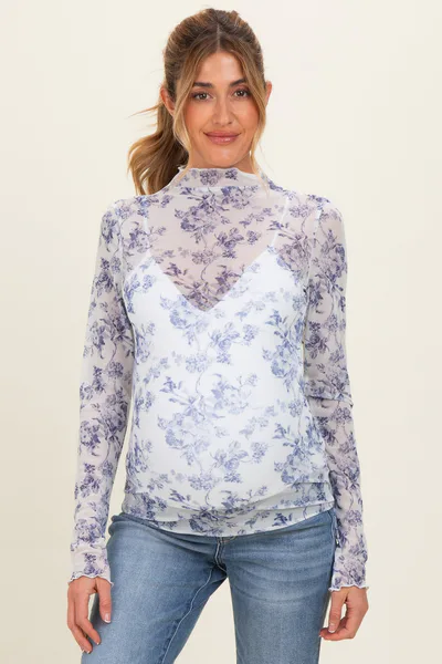 PinkBlush Blue Floral Sheer Mesh High Neckline Maternity Top