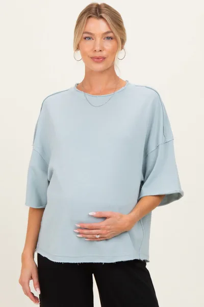 PinkBlush Light Blue Raw Cut Edge Maternity Boxy Tee